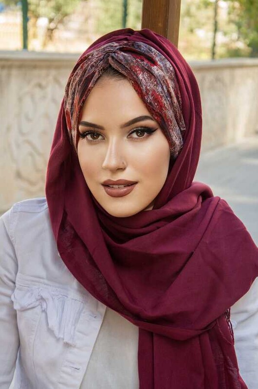 Aişe Tesettür - Koyu Bordo Batik Batik Desenli Hazır Şal