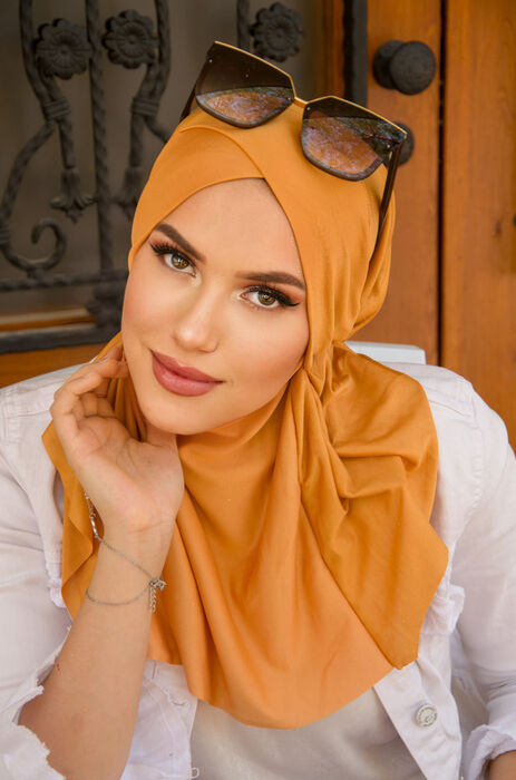 Koyu Hardal Çapraz Bantlı Medium Size Hijab - Hazır Şal