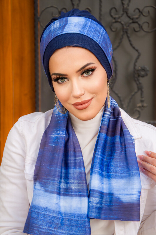  - Lacivert Batik Desen Fularlı Bone