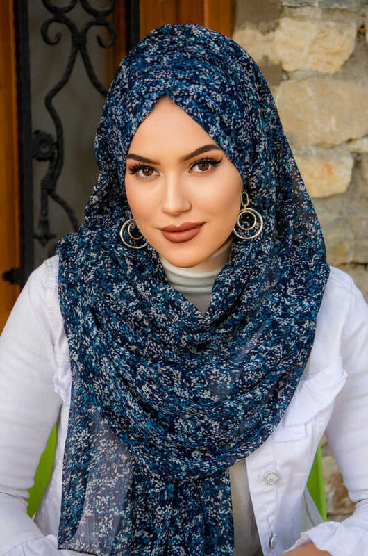 Lacivert Beyaz Batik Şifon Hazır Şal - 50600