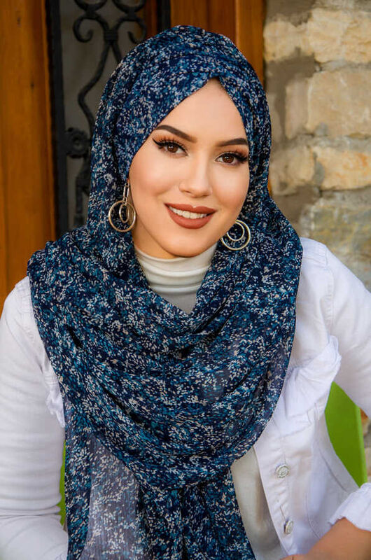 Lacivert Beyaz Batik Şifon Hazır Şal - 50600