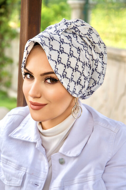 Lacivert Beyaz Hat Desenli Şapka Bone - Thumbnail