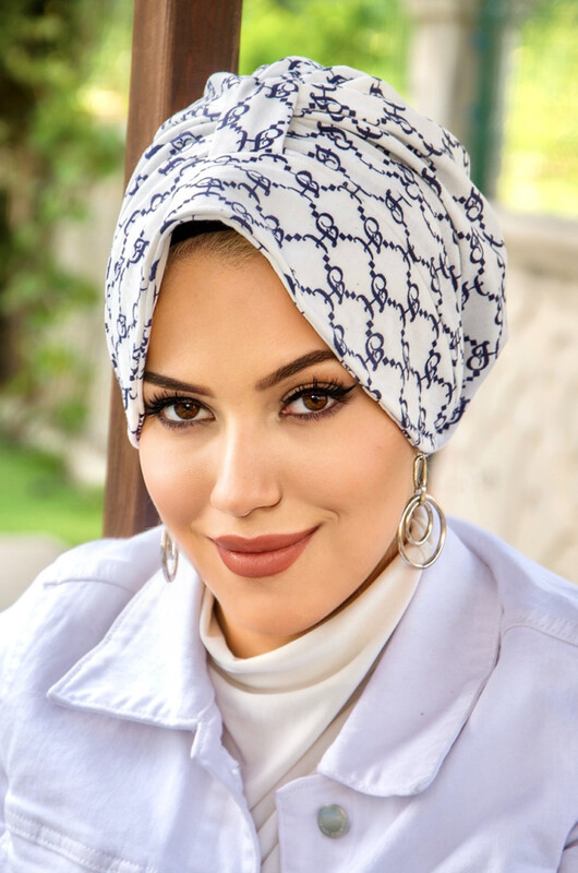 Lacivert Beyaz Hat Desenli Şapka Bone - Thumbnail