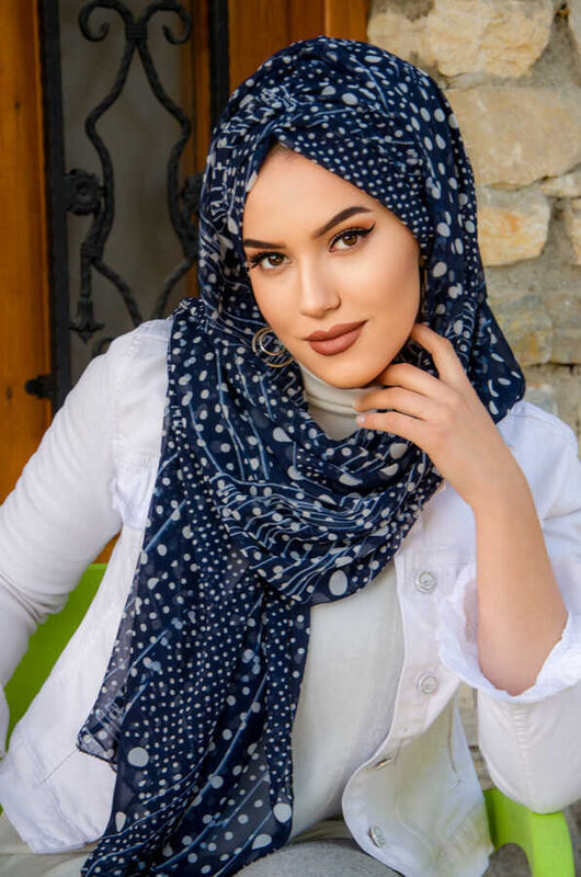 Lacivert Beyaz Puan Desenli Hazır Şifon Şal