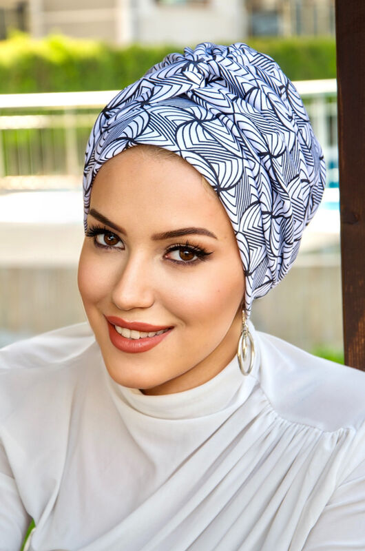 Lacivert Beyaz Spiral Desen Burgu Detaylı Bone