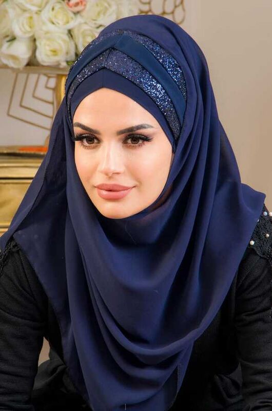 Lacivert Çapraz Bant Abiye Double Şal