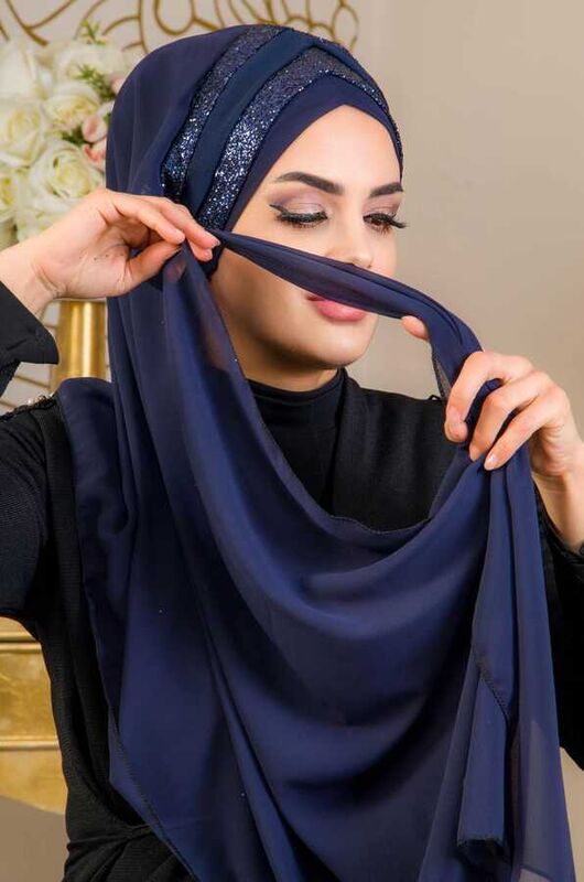 Lacivert Çapraz Bant Abiye Double Şal