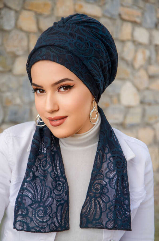 Lacivert Dantel Atkılı Bone - Thumbnail