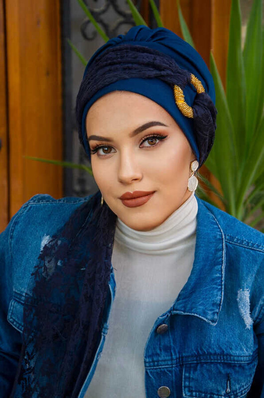Lacivert Dantel Toka Detaylı Atkılı Bone - Thumbnail