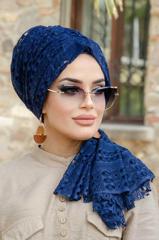 Aişe Tesettür - Lacivert Dantel Tokalı Bone - 40401 (1)