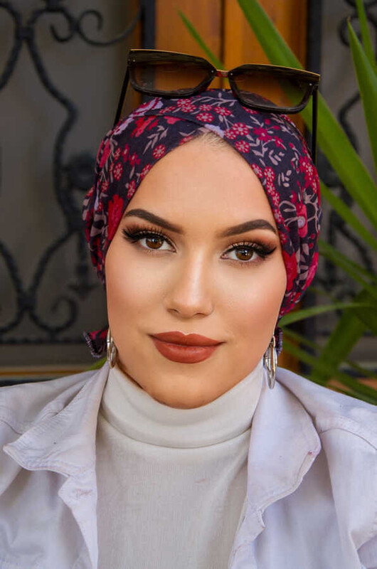 Lacivert Kırmızı Çiçek Desen Çapraz Bantlı Bone - Thumbnail