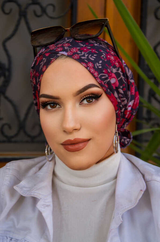 Lacivert Kırmızı Çiçek Desen Çapraz Bantlı Bone - Thumbnail