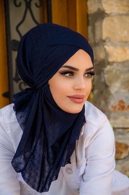 Lacivert Ponpon Çapraz Bantlı Medium Size Hijab - Hazır Şal - Thumbnail