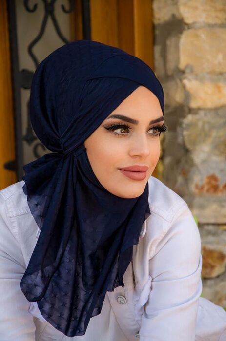 Lacivert Ponpon Çapraz Bantlı Medium Size Hijab - Hazır Şal