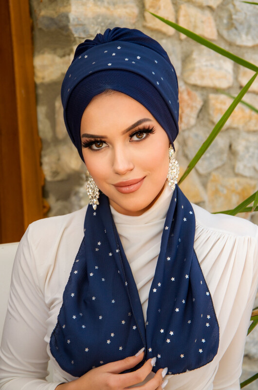 Aişe Tesettür - Lacivert Yıldız Fularlı Bone-40602