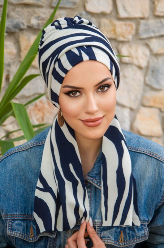 Lacivert Zebra Desen Atkılı Bone