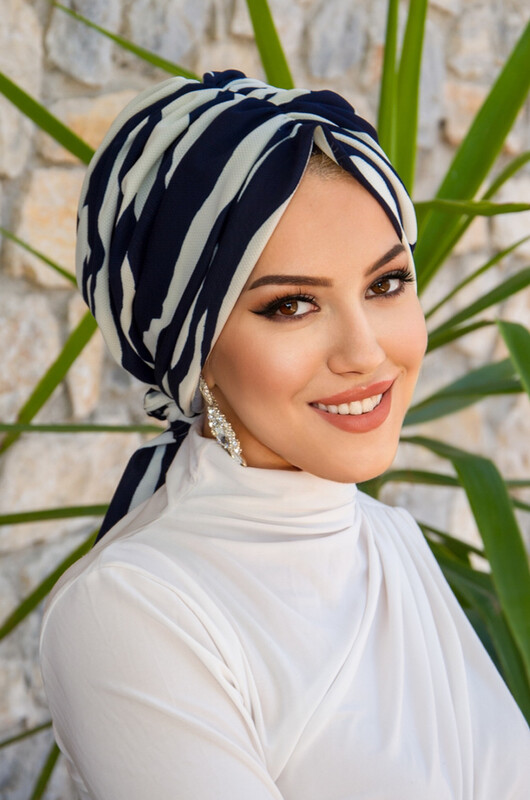 Lacivert Zebra Desen Tokalı Bone - Thumbnail