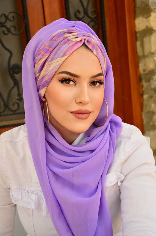 Lila Tonlamalı Geometrik Desenli Hazır Şal - Thumbnail