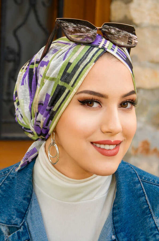 Lila Yeşil Desen Çapraz Bantlı Bone