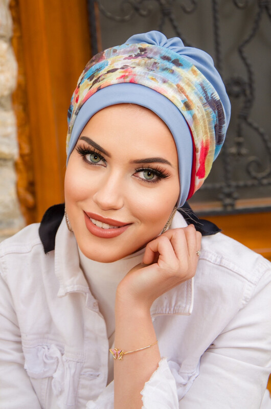  - Mavi Batik Desen Bantlı Bone