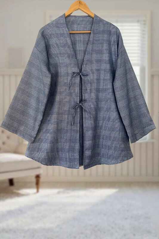  - Mavi Ekose Önü Bağlamalı Kimono Tunik / 85 CM BOY