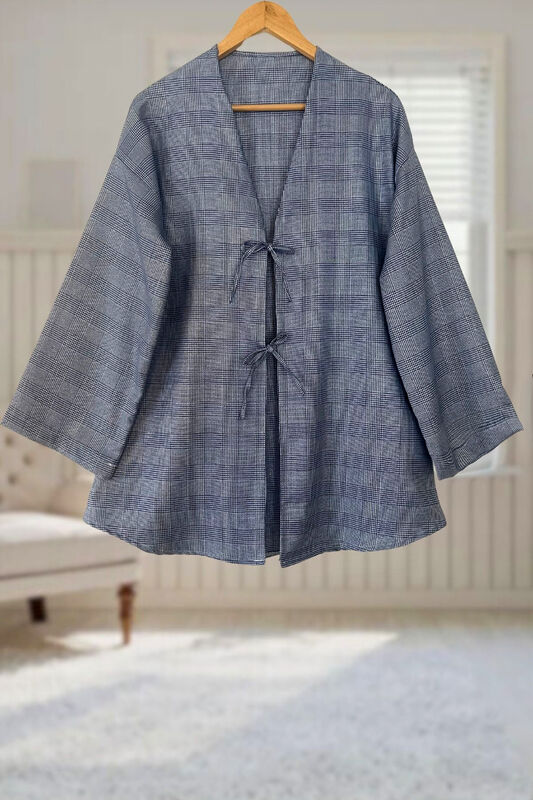 Mavi Ekose Önü Bağlamalı Kimono Tunik / 85 CM BOY