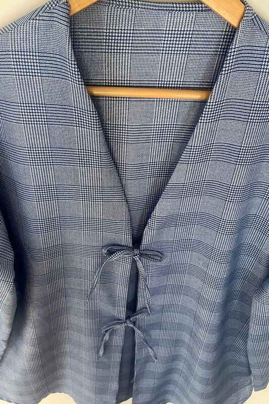 Mavi Ekose Önü Bağlamalı Kimono Tunik / 85 CM BOY - Thumbnail