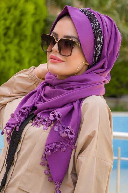 Menekşe Bantlı Dantelli Şapka Şal