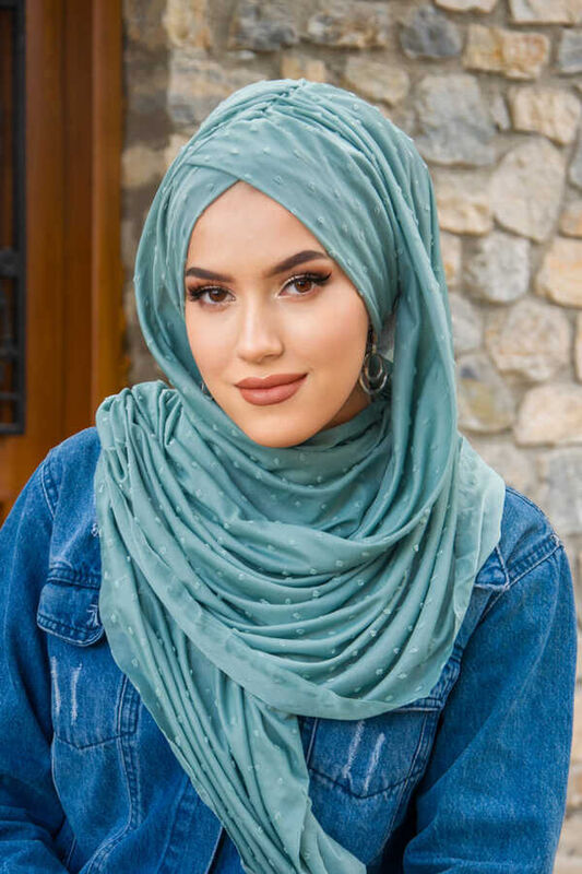 Mint Ponpon Çapraz Bantlı Hazır Şal