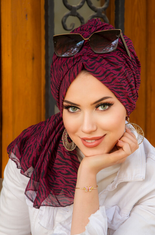  - Bordo Zebra Şifon Tokalı Bone (1)