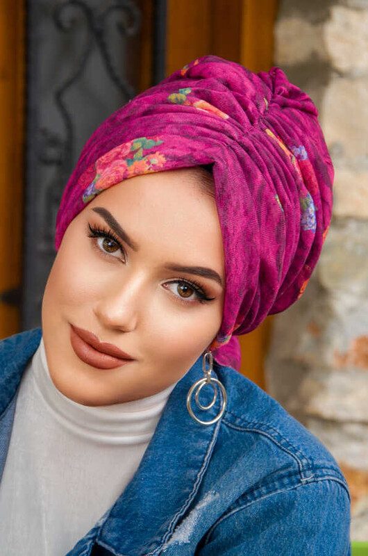 Mürdüm Vişne Çiçek Desen Tokalı Bone - Thumbnail