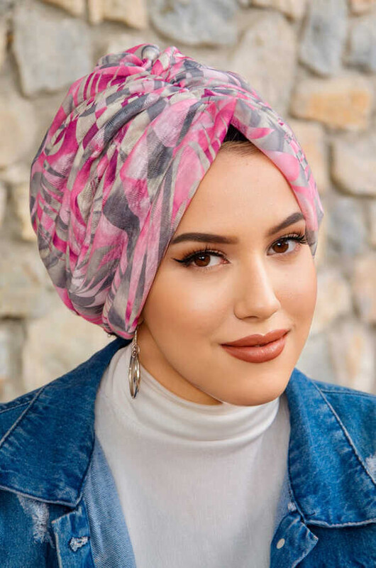 Pembe Gri Desen Tokalı Bone - Thumbnail