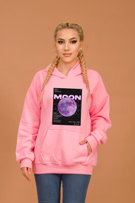 Aişe Tesettür - Pembe Moon Baskılı Kapüşonlu Oversize Sweatshirt