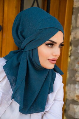 Petrol Mavi Çapraz Bantlı Medium Size Hijab - Hazır Şal - Thumbnail