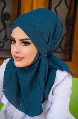 Petrol Mavi Çapraz Bantlı Medium Size Hijab - Hazır Şal - Thumbnail
