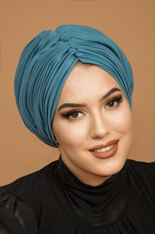 Petrol Piliseli Büzgülü Dolgulu Bone - Thumbnail