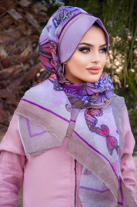 Pilise Şapkalı Şal Lila Kelebek