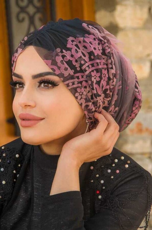 Pudra Çiçek Desenli Büzgülü Dolama Bone - Thumbnail