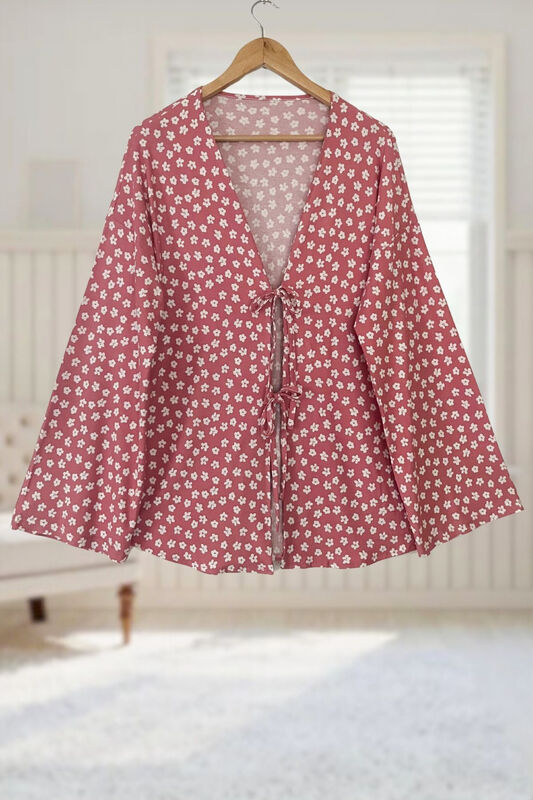 Pudra Çiçekli Önü Bağlamalı Kimono Tunik / Ütü İstemez 85 CM BOY