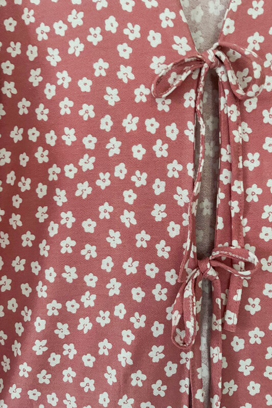 Pudra Çiçekli Önü Bağlamalı Kimono Tunik / Ütü İstemez 85 CM BOY - Thumbnail