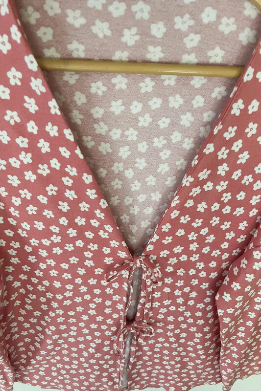 Pudra Çiçekli Önü Bağlamalı Kimono Tunik / Ütü İstemez 85 CM BOY - Thumbnail