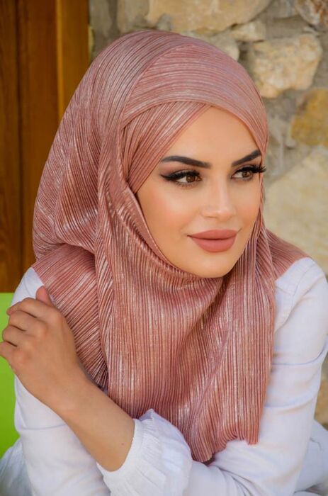 Pudra Piliseli Çapraz Bantlı Medium Size Hijab - Hazır Şal