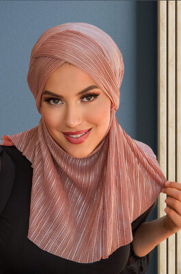 Aişe Tesettür - Pudra Piliseli Çapraz Bantlı Medium Size Hijab - Hazır Şal