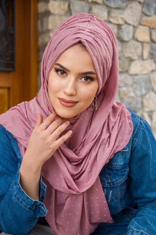 Pudra Ponpon Büzgülü Hazır Şal - Thumbnail