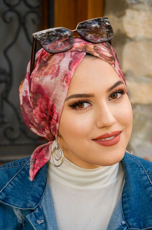 Pudra Tonlu Çiçek Desenli Çapraz Bantlı Bone - Thumbnail