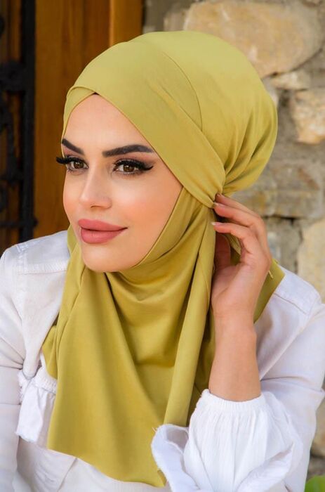 Fıstık Yeşili Çapraz Bantlı Medium Size Hijab - Hazır Şal