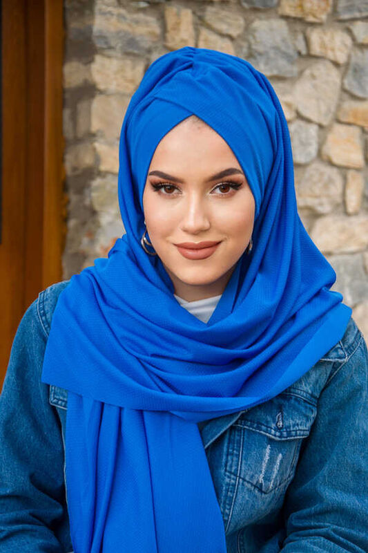 Saks Mavi Çapraz Bantlı Hazır Şal