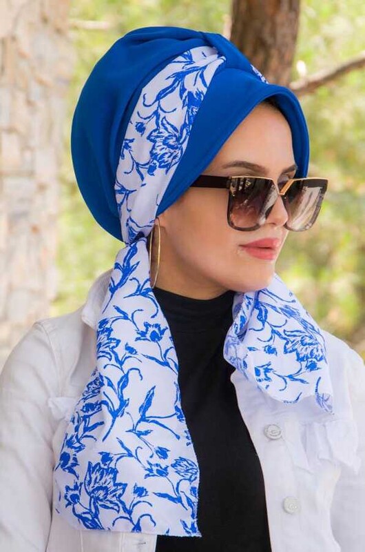 Aişe Tesettür - Saks Mavi Çiçek Desenli Şapka Bone (1)