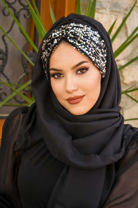 Silver Antrasit Ready Made Abaya Shiny Shawl Hijab