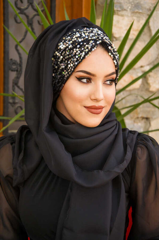 Silver Antrasit Ready Made Abaya Shiny Shawl Hijab